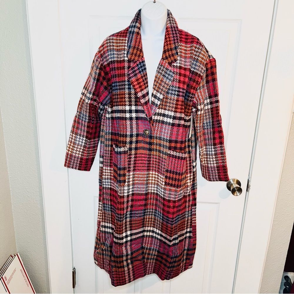 Red Dress Boutique Aura Ready For Change Berry Plaid Coat Oversized Pink Blue S - Picture 6 of 13